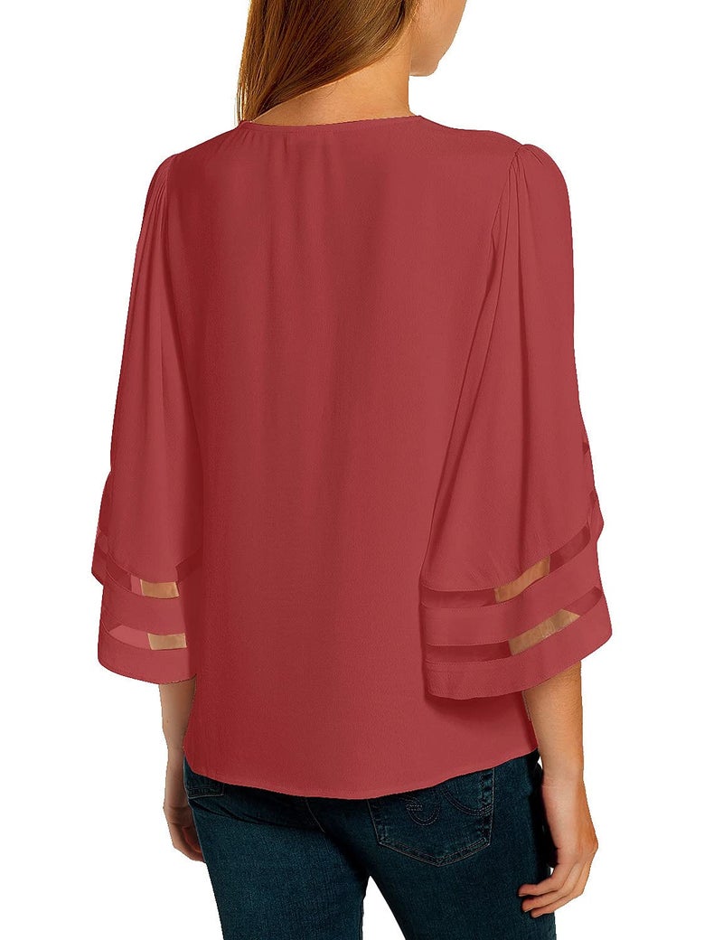 LookbookStore Women's Casual Summer Strappy Vneck Mesh Panel 3/4 Bell Sleeve Loose Shirt Top Blouses Tea Rose Size Large - Image 2